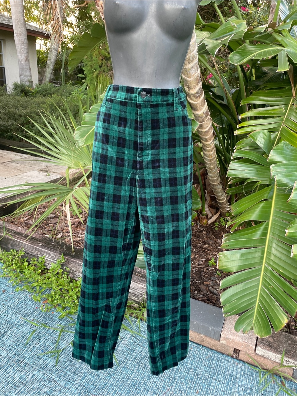velvet teal and blue plaid straight leg pants